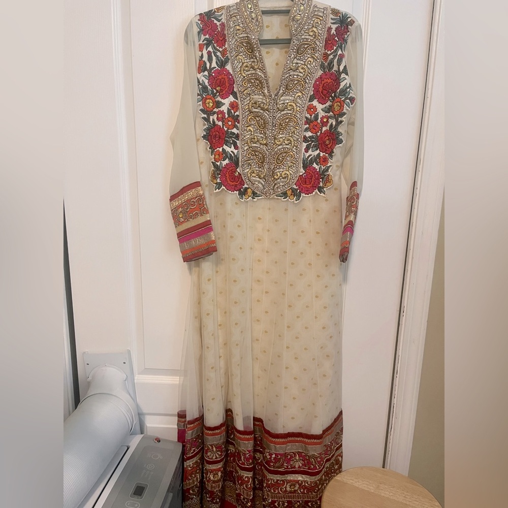 Cream floral anarkali suit with pants